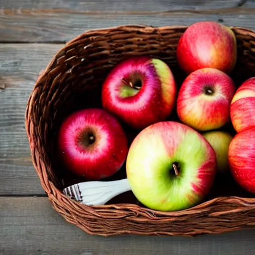 Prompt: photograph of a basket full of apples, toothbrush and garlic