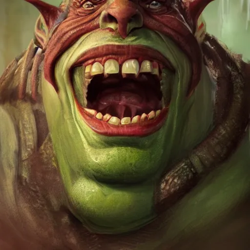 Image similar to An orc smiling into the camera, portrait, artstation, realistic, highly detailed, bokeh, by Alex Flores, by Laurel D Austin