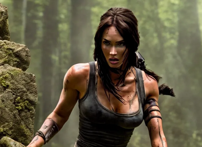 Image similar to film still of!!!! megan fox!!! as lara croft in new tomb raider movie, 8 k