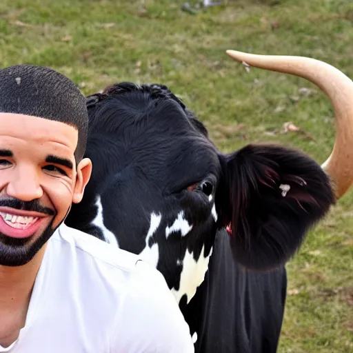 Prompt: a photo of drake with a cow