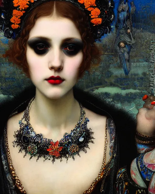 Image similar to a close up of beautiful gothic girl with black lipstick wearing a intricate necklace surrounded by colourful intricate patterns, by edgar maxence and caravaggio and michael whelan, intricate painting, hyper realistic, extremely detailed and beautiful aesthetic face, 8 k resolution