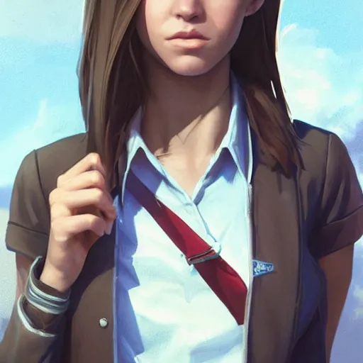 Image similar to portrait of a brunette thin teenager girl with blue eyes wearing school uniform in fallout, light stubble, digital art,photorealistoc,art by greg rutkowski,hyperdetailed,western comic style,comic,comic style,sharp lineart,professional lighting,deviantart,artstation,trevor henderson,rossdtaws,cinematic,dramatic