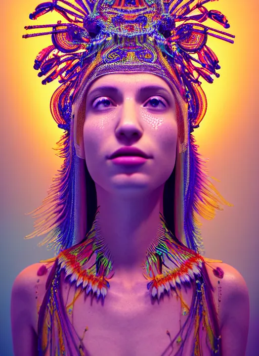 Prompt: absurdly beautiful, fashionable young woman with clear white skin, wearing a headdress made from plastic toys, in the fourth dimension, psychedellic, ayahausca, tryptamine, hyperdetailed illustration by irakli nadar and alexandre ferra, intricate linework, unreal engine 5 highly rendered, global illumination, radiant light, detailed and intricate environment