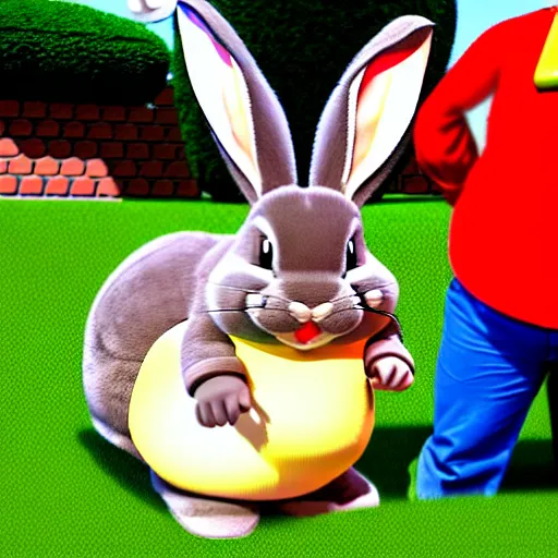 Image similar to real life big chungus dressed like mario, super mario with bunny ears, big chungus, fat bugs bunny, high resolution photo