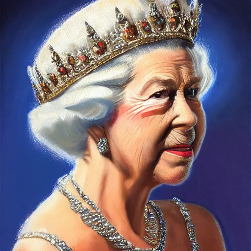 Prompt: ultra - realistic head and shoulders portrait painting of the queen. art by ken kelly. 4 k. ultra - realistic. highly detailed. epic lighting