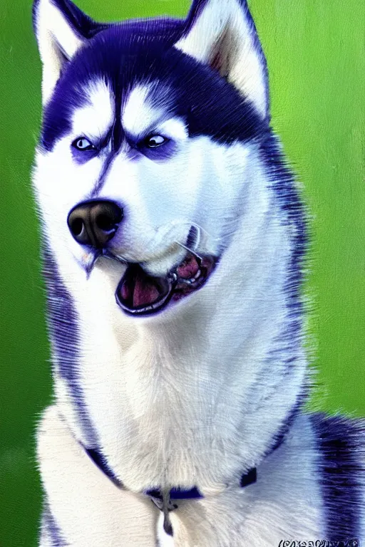 Image similar to a character design of a husky wearing a white vest, portrait painting