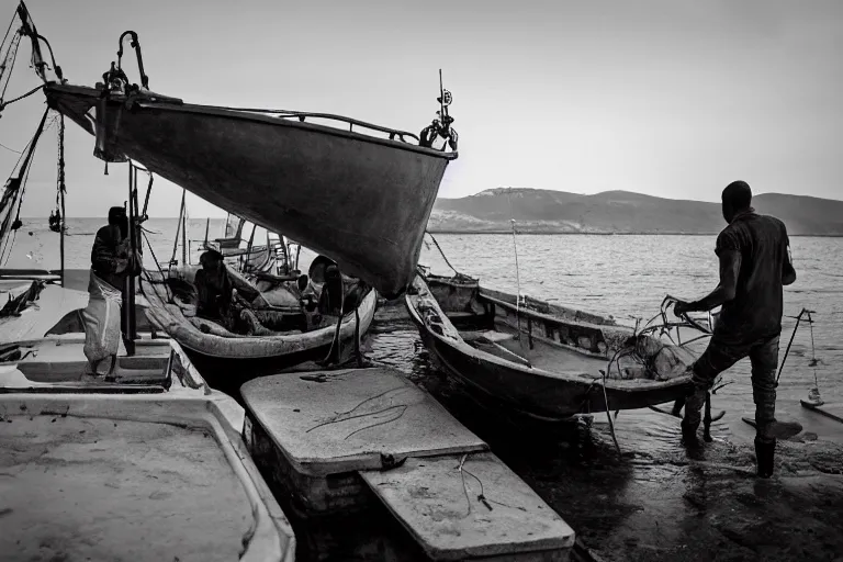 Image similar to cinematography Greek fisherman loading their boat by Emmanuel Lubezki