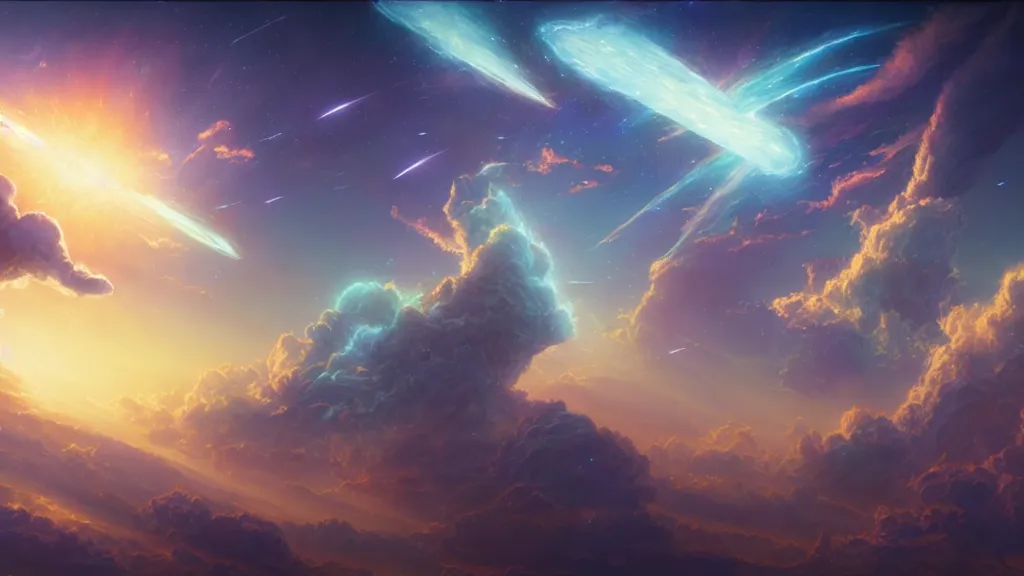 Prompt: Cloudscape by Adam Paquette, nebula gasses in the background by Gene Raz Von Edler, fantasy warrior with angel wings concept art from deviantart by Donato Giancola, Rendered in Octane, cinematic, Highly Detailed