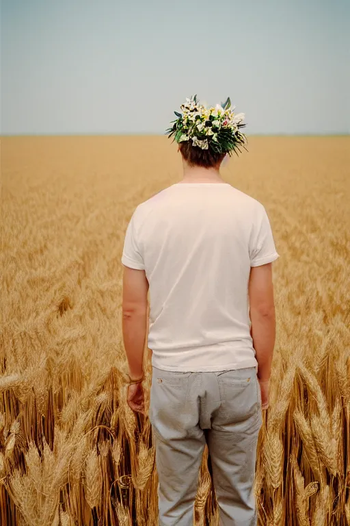 Prompt: kodak portra 4 0 0 photograph of a guy standing in a field of wheat, back view, flower crown, telephoto, faded effect, grain,