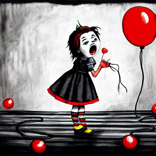 Image similar to grunge cartoon painting of a little girl playing with a jump rope with a wide smile and a red balloon by chris leib, loony toons style, pennywise style, horror theme, detailed, elegant, intricate