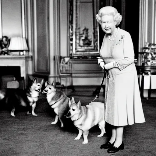 Prompt: historical photo of queen elizabeth having gin martinis with her corgis, the corgis are wearing sweaters, royal palace interior, natural sunlight, soft focus, highly detailed, depth of field