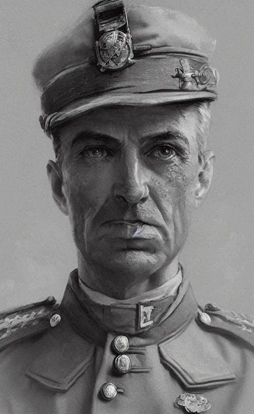 Image similar to Portrait of a WWI general, male, detailed face, 20th century, highly detailed, cinematic lighting, digital art painting by greg rutkowski