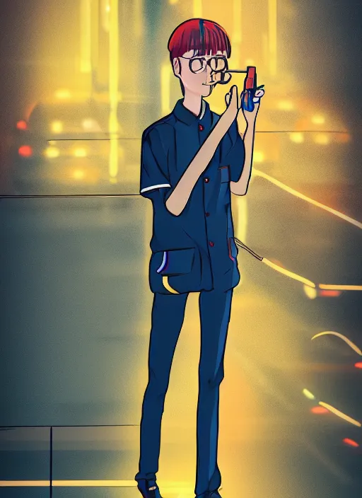 Image similar to Android wearing a school uniform, smoking a cigarette while standing on street corner lit by a neon sign”, full body shot, Digital art, detailed, anime