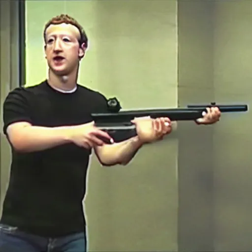 Image similar to cctv footage of mark zuckerberg holding a shotgun in a bank