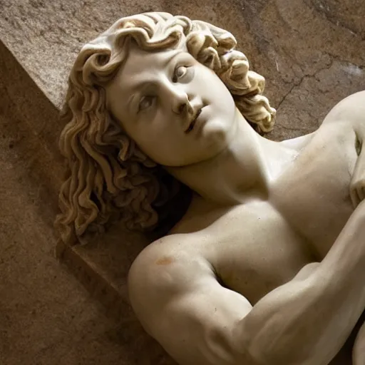 Prompt: Margot Robbie as The Dying Gaul, marble statue classical art, museum hyperdetailed sharp focus photograph, C 10.0