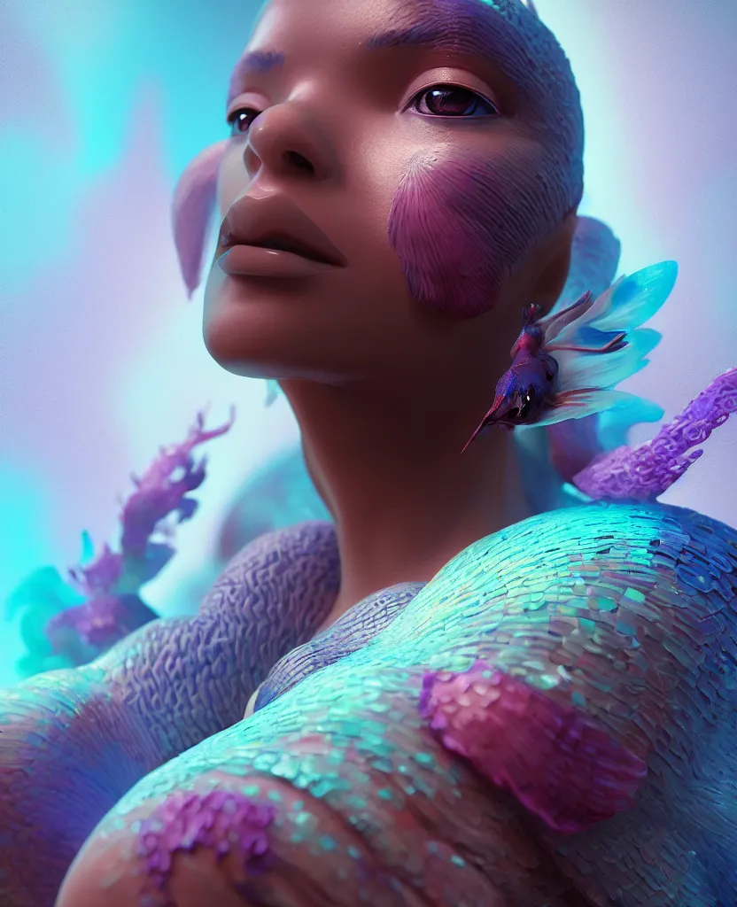 Image similar to goddess full painted acryllic sculpture close-up portrait. orchid bird betta fish, intricate artwork by Tooth Wu and wlop and beeple. octane render, trending on artstation, greg rutkowski very coherent symmetrical artwork. cinematic, hyper realism, high detail, octane render, 8k