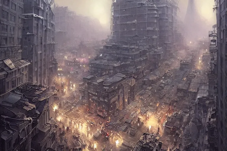 Image similar to crowded on the streets of Russian commie blocks on the Moon city, Norilsk, sci-fi, fantasy, earth seen on the dark sky, intricate, very very beautiful, elegant, highly detailed composition, digital rendering, artstation, concept art, smooth, sharp focus, illustration, art by artgerm and greg rutkowski and alphonse mucha