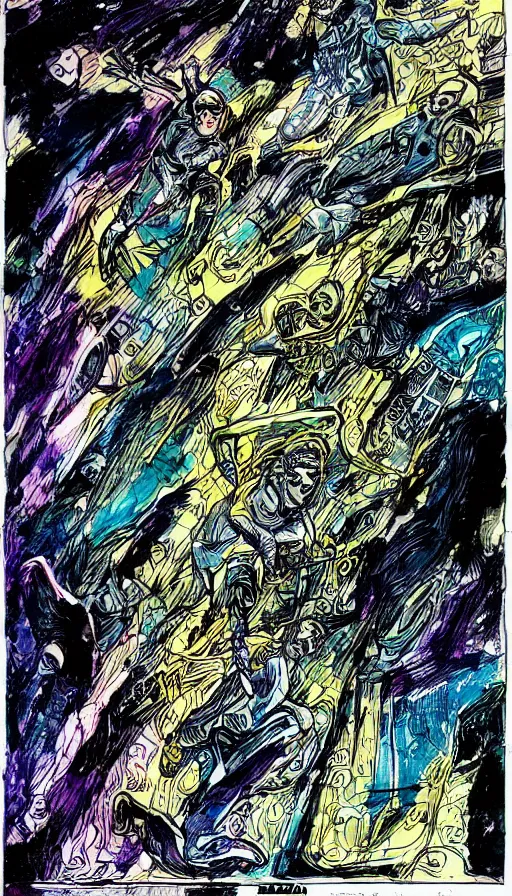 Image similar to religious hard science fiction comic by, bill sienkiewicz, teal and gold colour palette, line drawing, ink pour