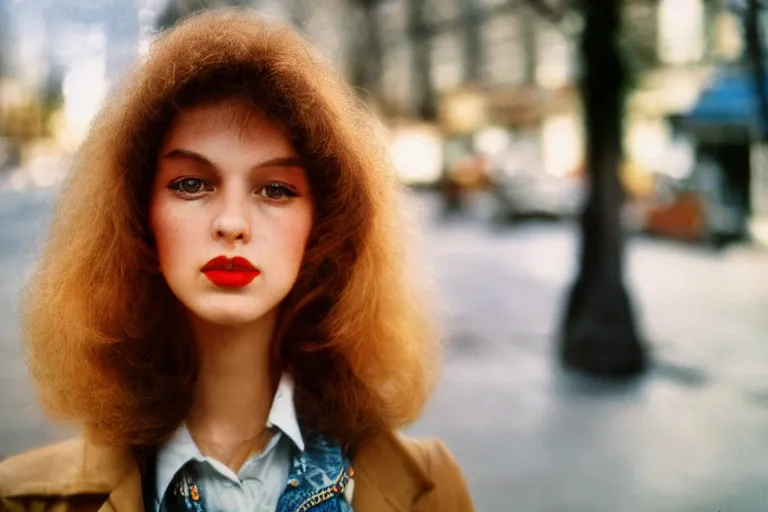 Prompt: 7 0 s street photography, close - up portrait, light shining on model lips, soft light, no focus