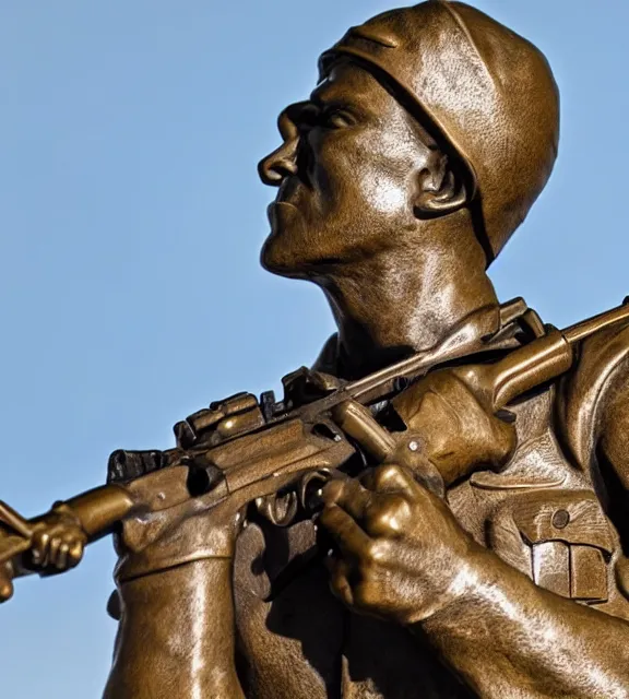 Image similar to a 4 k photorealistic photo wide shot of a bronze statue of an american soldier holding a rifle