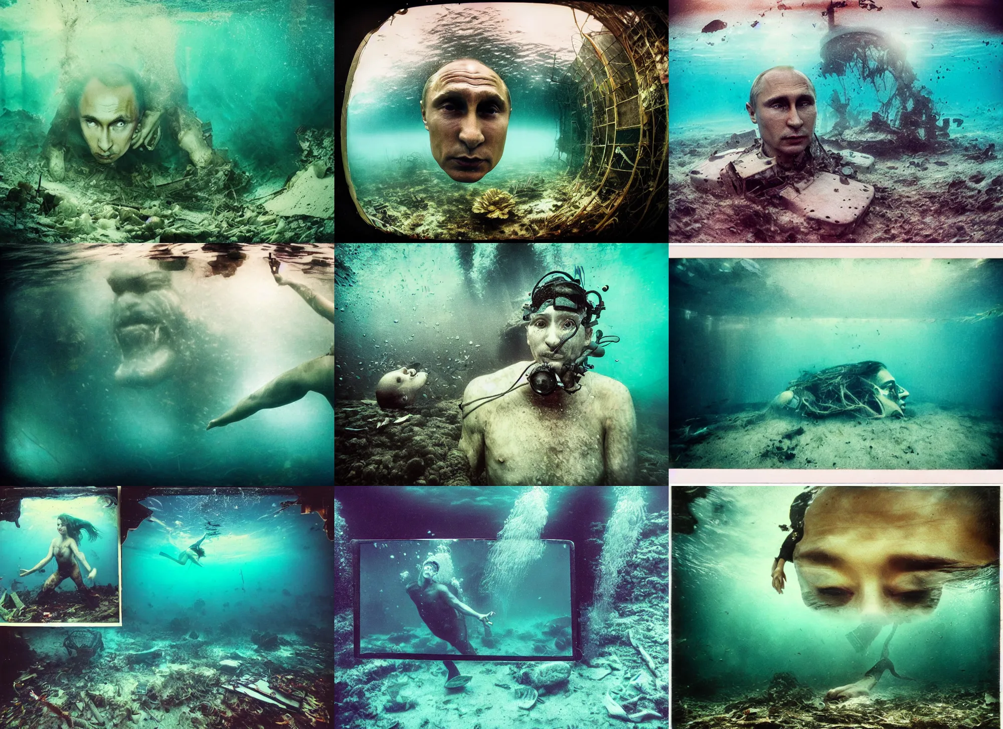 Prompt: underwater photographs of vladimir putin close head macro in postapocalyptic abandoned destroyed deep sea times square, wrecked buildings, destroyed flipped wrecked cars, underwater polaroid photo, vintage, neutral colors, underwater, by shawn heinrichs and gregory crewdson