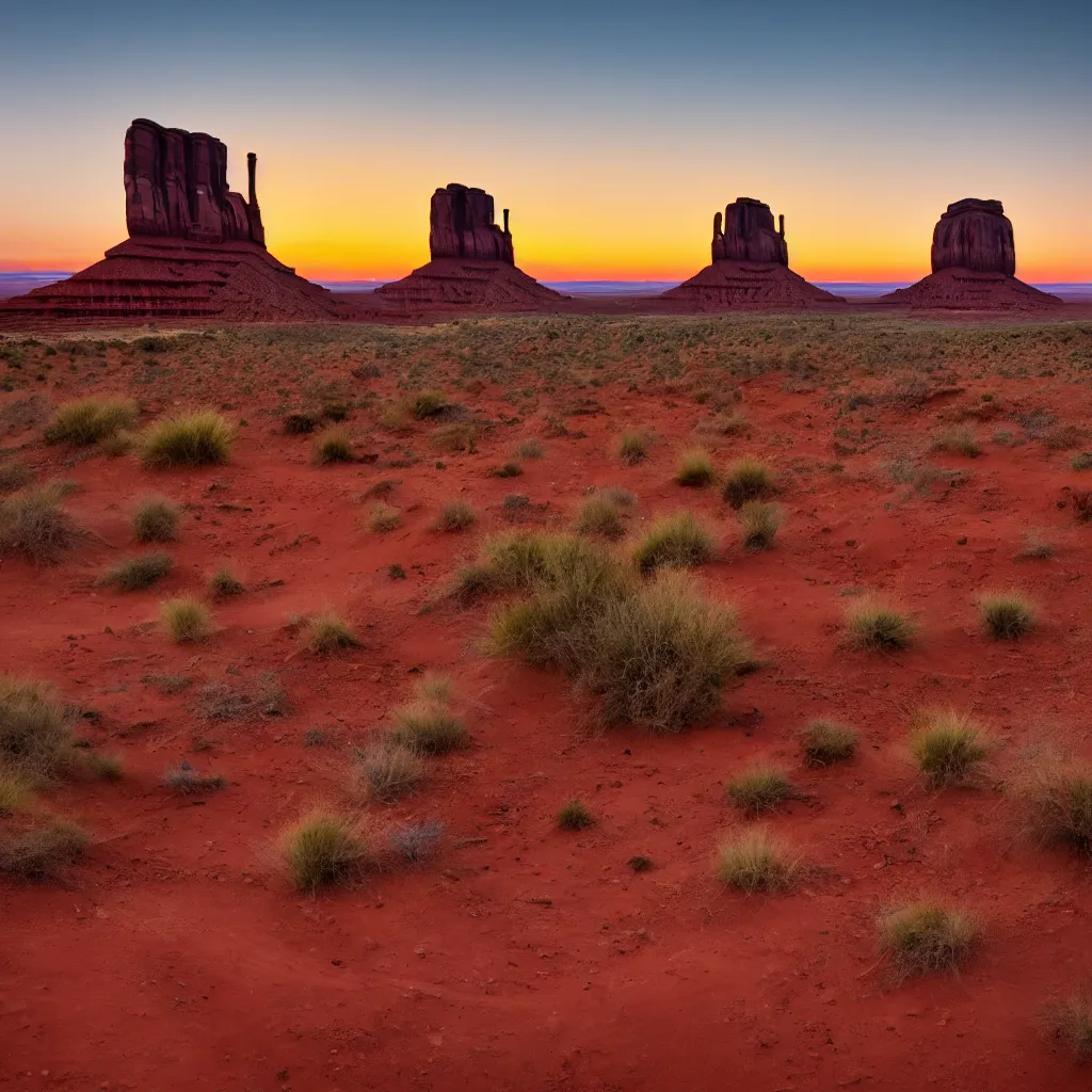 Prompt: photo of monument valley as the sun is setting, deep focus, highly detailled, 8 k uhd, award - winning photography, summer look