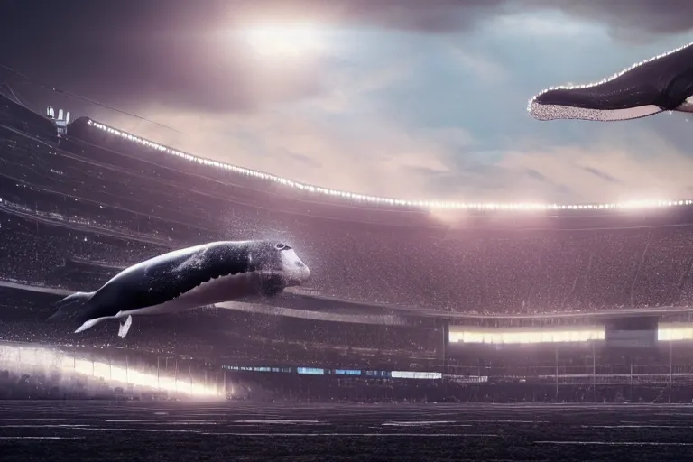 Image similar to a realistic cinematic still of humpback whale flying over the NFL Super Bowl Stadium cinematic lighting by Jessica Rossier