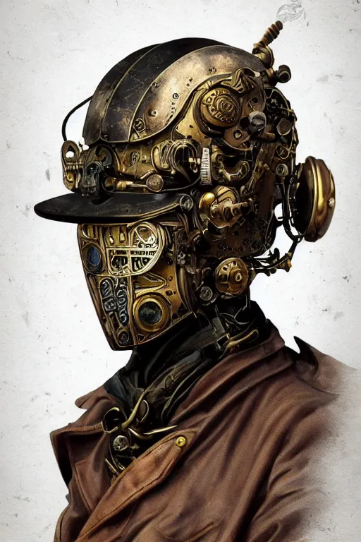 Prompt: steampunk helmet fantasy art mask robot ninja stylized digital illustration sharp focus, elegant intricate digital painting artstation concept art global illumination ray tracing advanced technology chaykin, howard