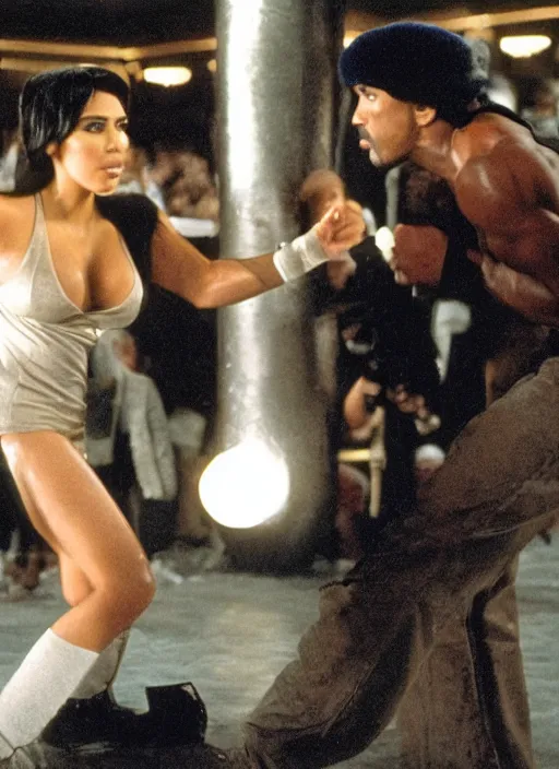 Prompt: film still of kim kardashian as rocky balboa in rocky,