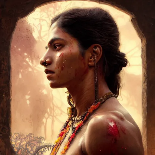 Prompt: portrait painting of a muscular bloodied indian girl, ultra realistic, concept art, intricate details, eerie, highly detailed, photorealistic, octane render, 8 k, unreal engine. art by artgerm and greg rutkowski and alphonse mucha