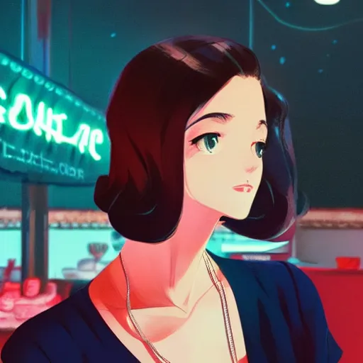 Prompt: portrait of beautiful girl with dark hair dressed in 1940's style, sitting in cafe alone, nighttime, low-key neon lighting, 4k, HQ, official media, anime key visual, makoto shinkai, ilya kuvshinov, lois van baarle, rossdraws, detailed, trending on artstation