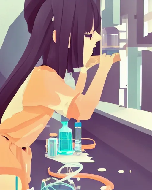 Image similar to a little girl is doing a science experiment. clean cel shaded vector art. minimalist illustration art by lois van baarle, artgerm, helen huang by makoto shinkai and ilya kuvshinov, rossdraws