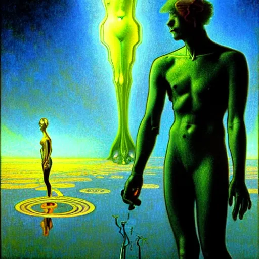 Image similar to realistic extremely detailed portrait painting of a glowing male silhouette, futuristic sci-fi landscape on background by Jean Delville, Amano, Yves Tanguy, Alphonse Mucha, Ernst Haeckel, Edward Robert Hughes, Roger Dean, rich moody colours, blue eyes