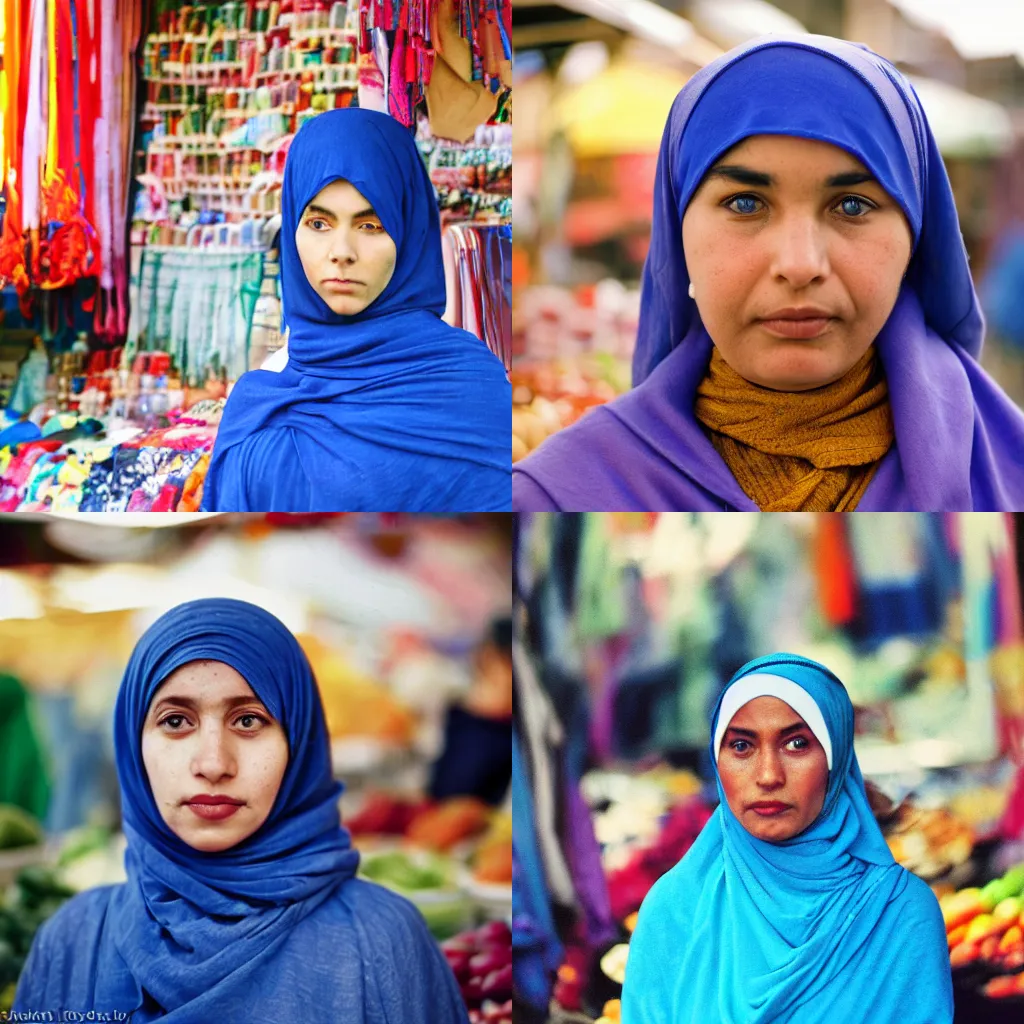 Prompt: woman stares directly at the camera, her blue hijab framing her face. The background is a blur of colours, possibly a market stall. The photo is taken from a low angle, making the woman appear vulnerable, Nikon DSLR, Kodak Portra 400 film