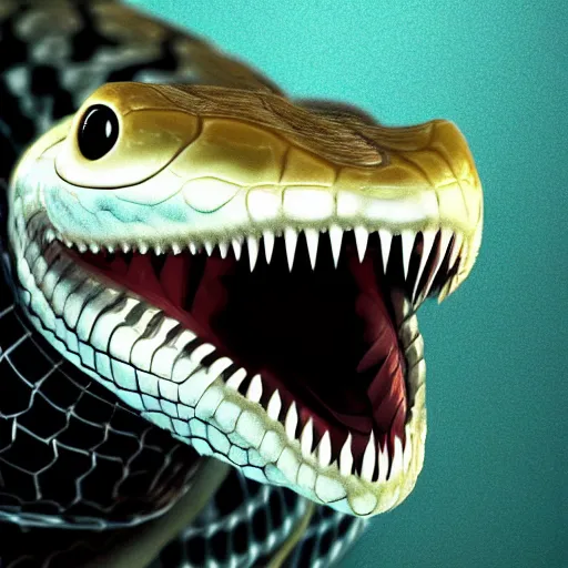 Image similar to photorealistic snake, fangs, epic, cinematic, albino digital artwork