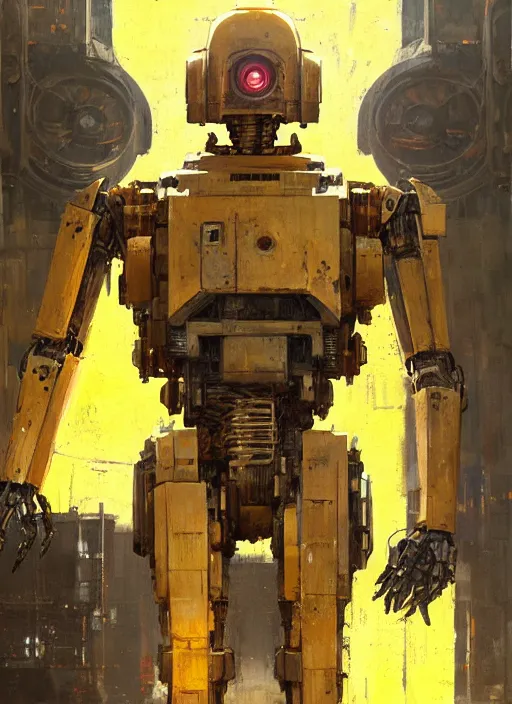 Image similar to human-sized strong intricate yellow pit droid, pancake short large head, exposed metal bones, painterly humanoid mecha, by Greg Rutkowski