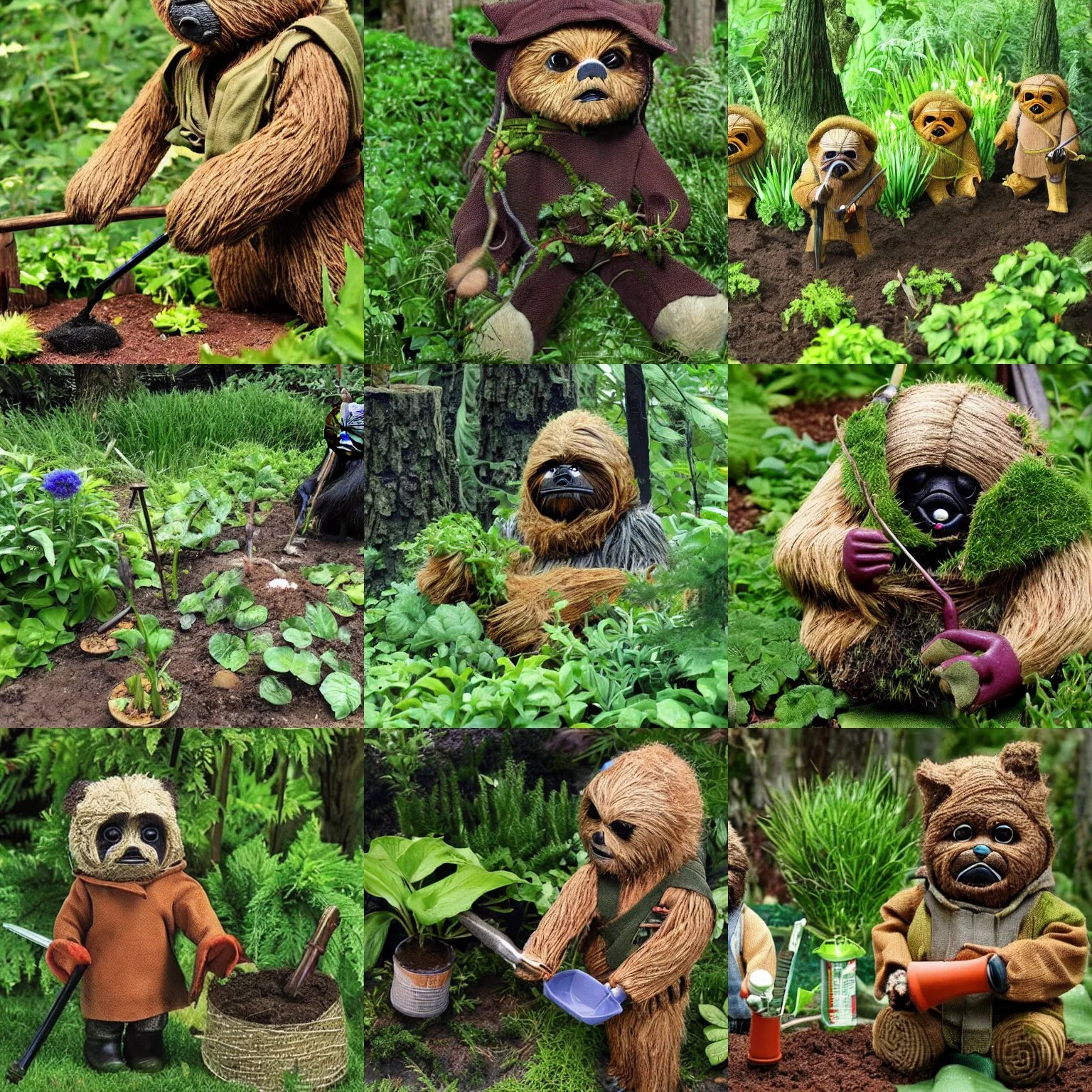 Prompt: ewoks gardening