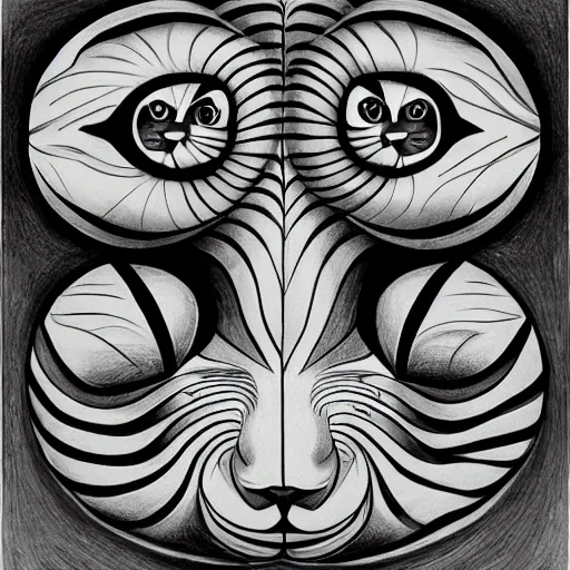 Prompt: drawing realistic stylized cute smiling cats in the style of escher. symmetric. detailed. hd