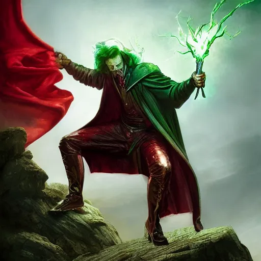 Prompt: lean physique Stalwart Greg Kinnear warlock mage of the northern winds wearing a red leather cape brandishing a glowing green orb whilst standing on a cliff christopher shy leonardo da vinci Jean Sebastien Rossbach jana schirmer jeff simpson greg staples