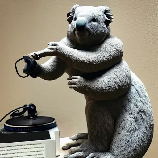 Prompt: “ a marble statue of a koala dj in front of a marble statue of a turntable. the koala has wearing large marble headphones. ”