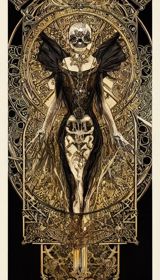 Image similar to a skeleton in a black cloak, highly detailed, very intricate, art nouveau, gold filigree, left right symmetry, tarot concept art watercolor illustration by mandy jurgens and alphonse mucha and alena aenami, featured on artstation