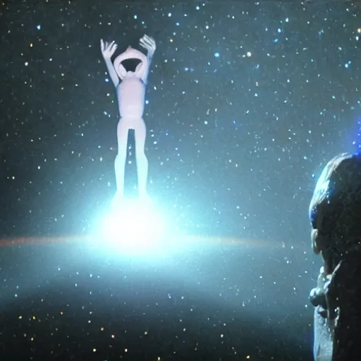 Prompt: film still of a light form of human giant holding a tiny man in front of him in his hand, a blured universe from'lost in space ( 2 0 1 8 )'on background, frontal view,'worm view ', long shot width 5 1 2 - - height 7 6 8 - - steps 4 - - cfg _ scale 5