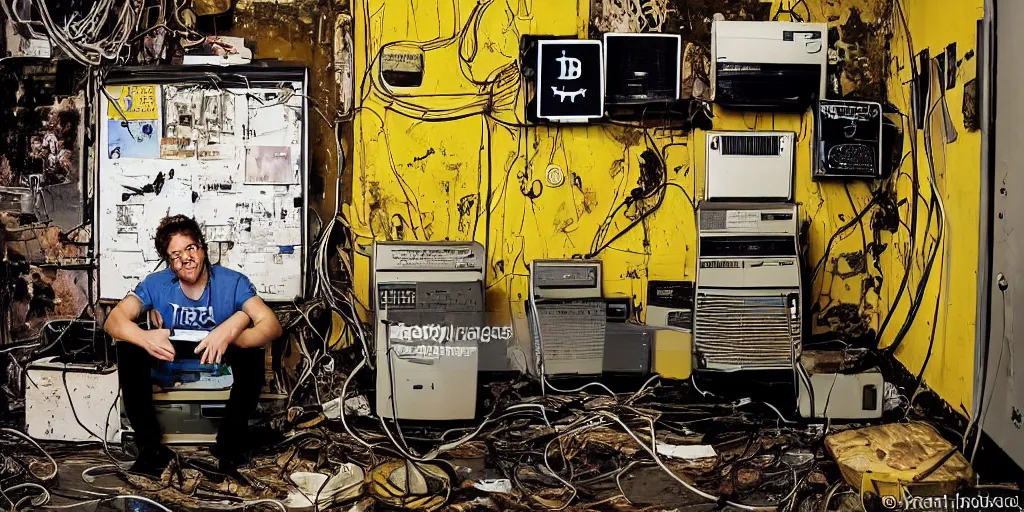 Prompt: typical cryptocurrency nerd, sitting in front of old 9 0's computer, yellow bitcoin posters on walls, shilling, crt tubes, cables everywhere, damp basement decay fat and dirty, scruffy looking, claustrophobia, humidity mold, award - winning photomanipulation