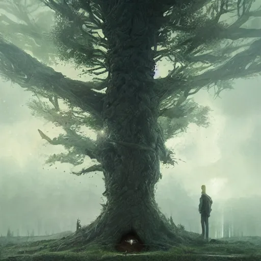 Prompt: a portrait of the last human on earth breathing the last tree thru oxygen tank, Matte painting , detailed painting, made by Greg Rutkowski, 4k resolution, atmospheric, breathtaking