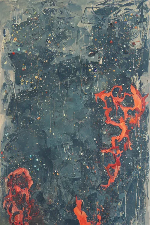 Prompt: I've seen things you people wouldn't believe, attack ships on fire off the shoulder of Orion, I watched c-beams glitter in the dark near the Tannhäuser Gate. All those moments will be lost in time, like tears in rain. Time to die. , by Baselitz, oil on canvas,