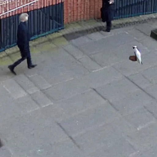 Prompt: Birds eye view security camera footage of Boris johnson breaking out of Prison