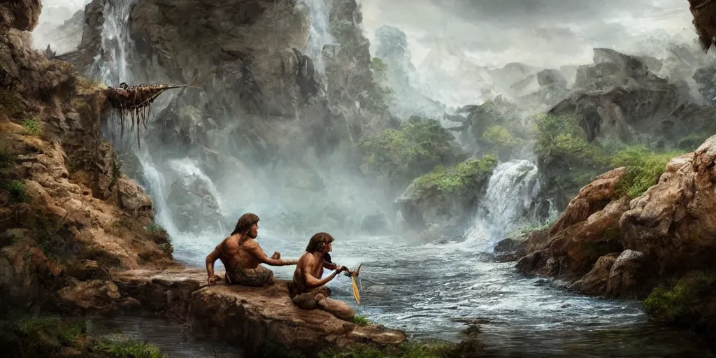 Prompt: A lone Neanderthal eating a fish in a vast prehistoric landscape with waterfalls, 8k historical concept art, intricate detail, trending on artstation