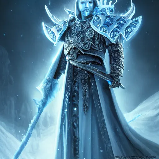 Image similar to a matte painting of the lich king wearing a crown made of ice, frozen, world of warcraft, digital art, fantasy, realistic lighting, in the style of greg rutkowski