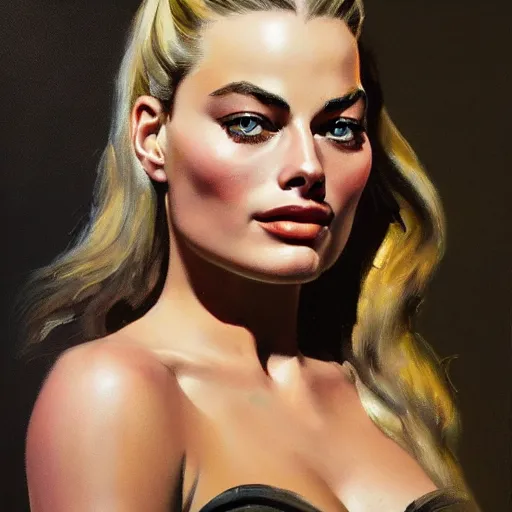 Image similar to ultra realistic portrait painting of margot robbie in an old western, art by frank frazetta, 4 k, ultra realistic, highly detailed, epic lighting.