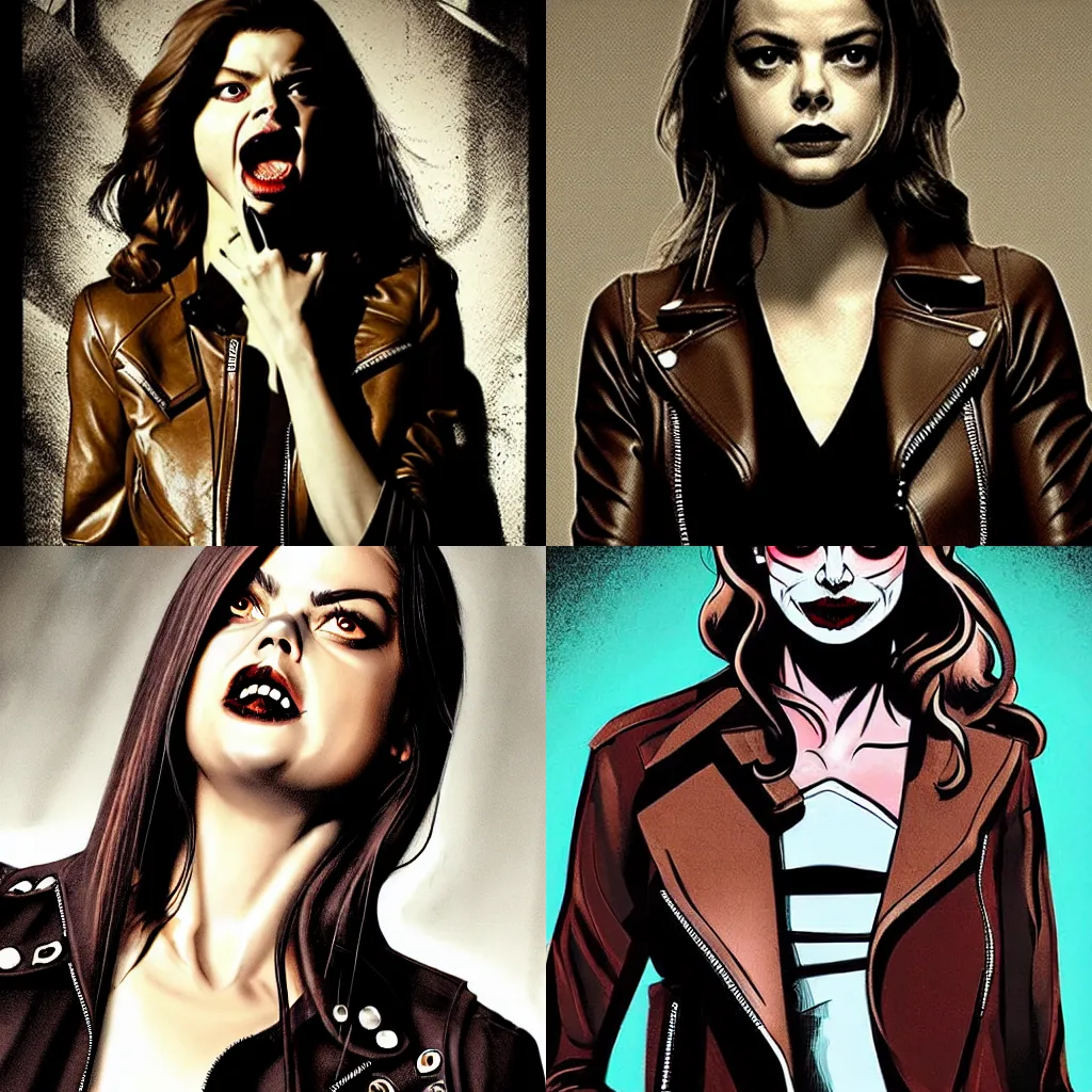 Prompt: in the style of Rafael Albuquerque art, Samara Weaving vampire, sharp teeth grin, sarcastic, brown leather jacket